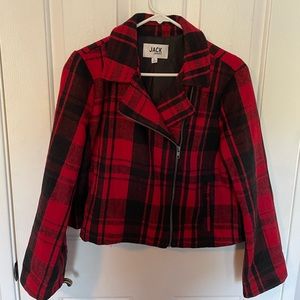 Jack Out of the Woods, Jack by BB Dakota zip front Buffalo plaid moto jacket.